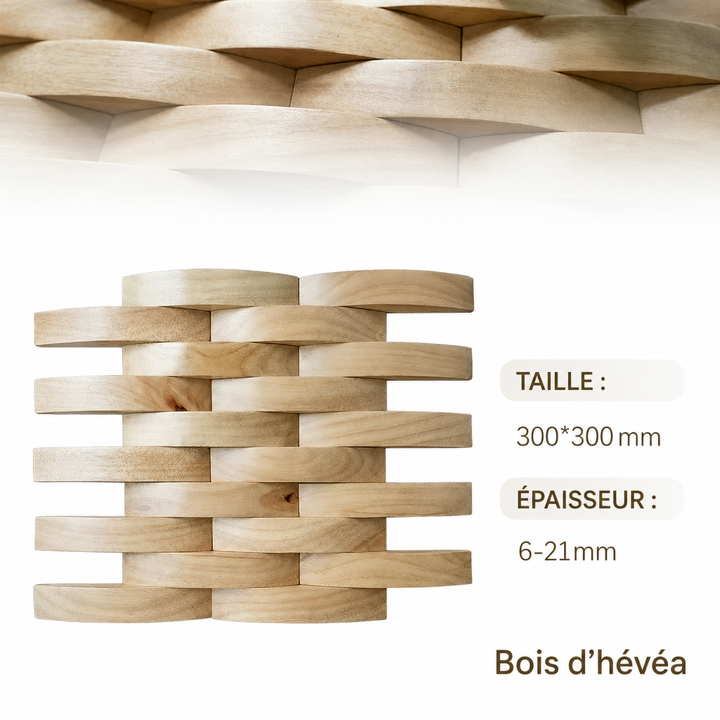 Panneau Mural Bois 3D | Onda Naturel | 30×30 cm | Mosaïque Hévéa Tressé
