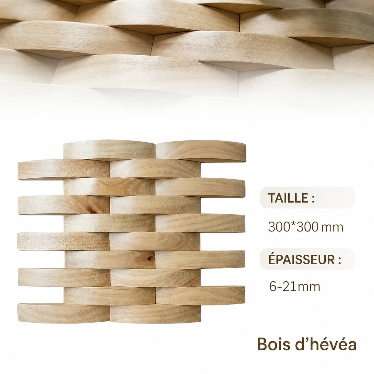 Panneau Mural Bois 3D | Onda Naturel | 30×30 cm | Mosaïque Hévéa Tressé