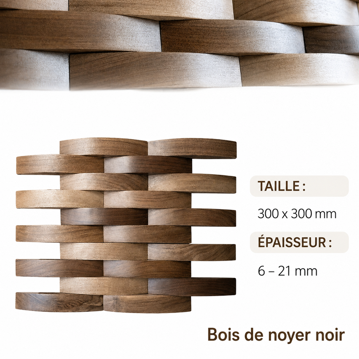 Panneau Mural Bois 3D | Onda | 30×30 cm | Mosaïque Noyer Noir Tressé