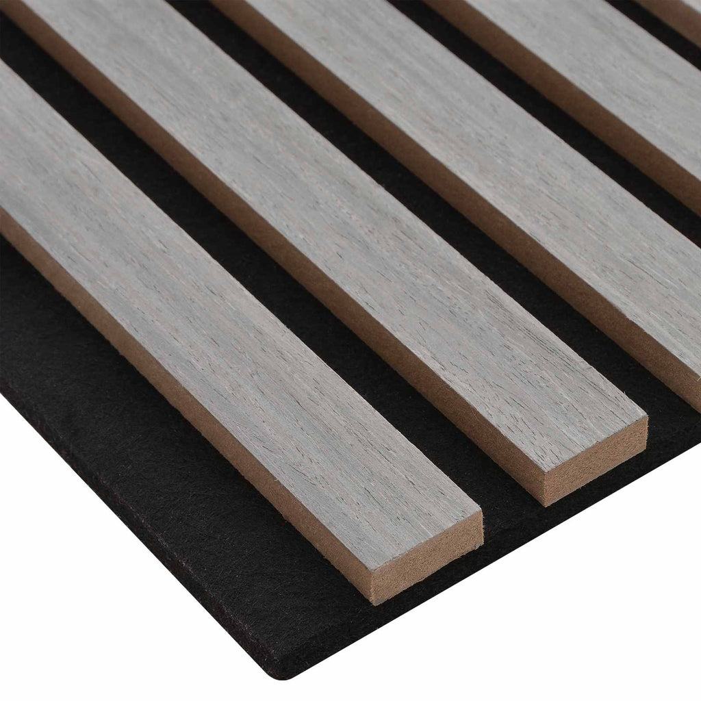 Panneau acoustique mural chêne gris – Lattes sur feutre noir 60,5 x 60 cm - lot de 2