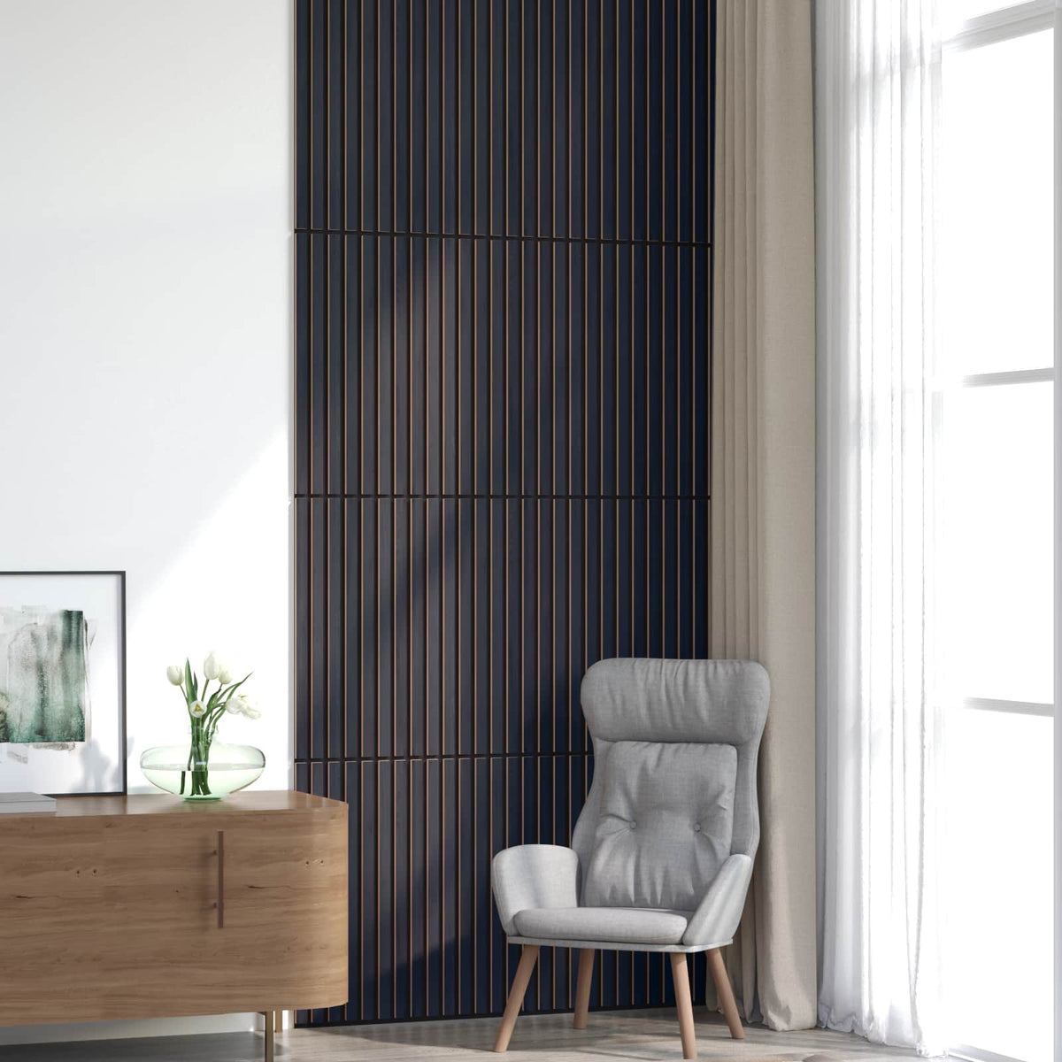 Panneau acoustique mural chêne anthracite – Lattes sur feutre noir 60,5 x 60 cm - lot de 8