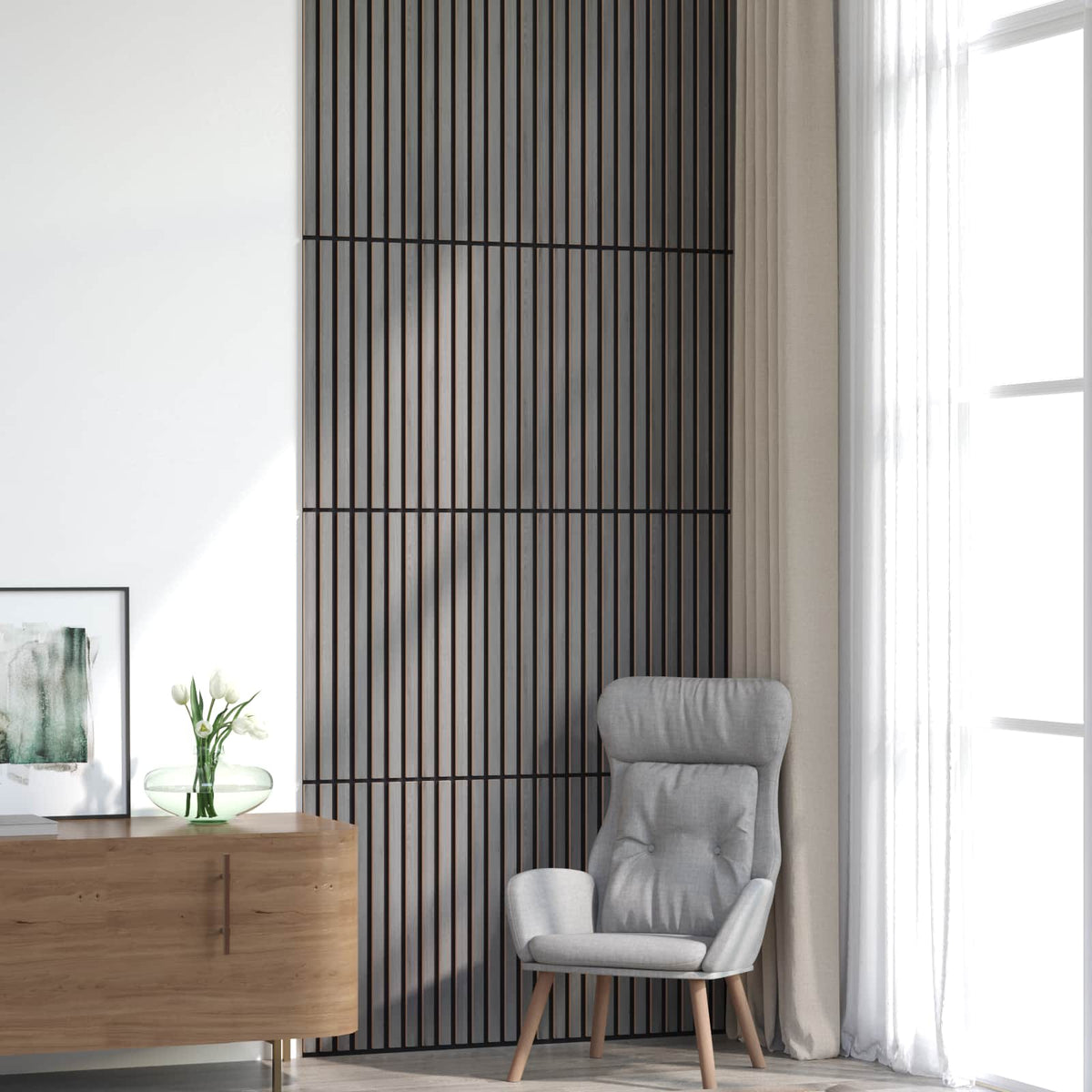 Panneau acoustique mural chêne gris – Lattes sur feutre noir 60,5 x 60 cm - lot de 8