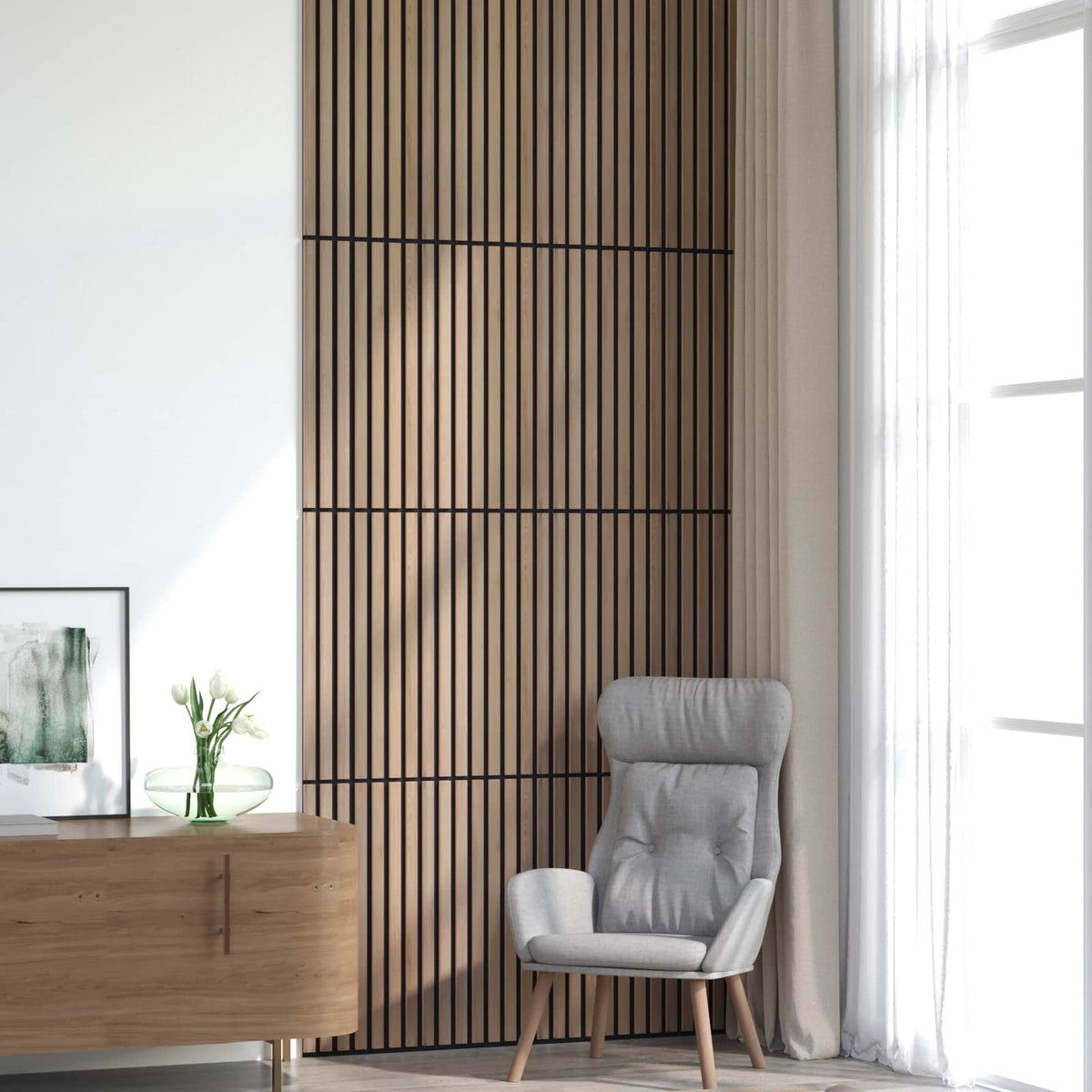 Panneau acoustique mural chêne brun – Lattes sur feutre noir 60,5 x 60 cm - lot de 8