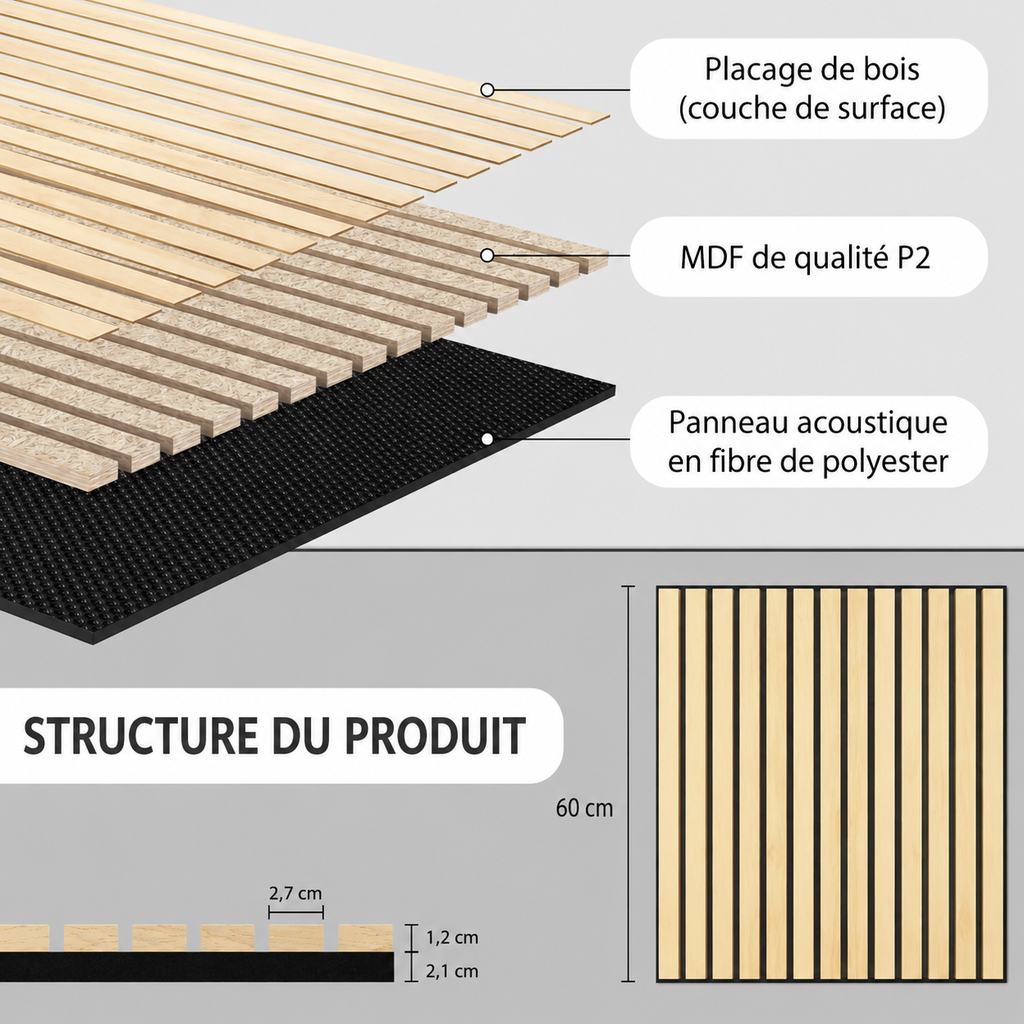 Panneau acoustique mural chêne naturel 60 x 60 cm – Double épaisseur - lot de 4